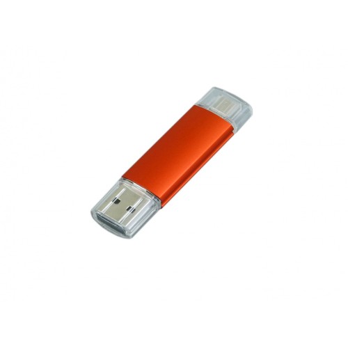Купить USB-флешка на 16 Гб.c дополнительным разъемом Micro USB, оранжевый с нанесением логотипа