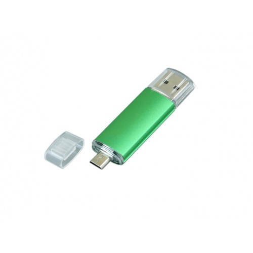 Купить USB-флешка на 64 ГБ.c дополнительным разъемом Micro USB, зеленый с нанесением логотипа