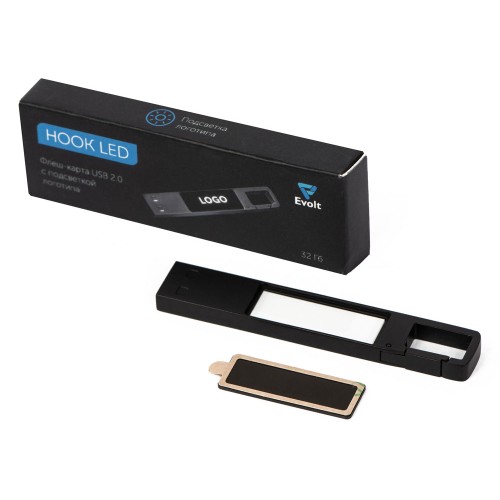 Купить USB 2.0- флешка на 32 Гб c подсветкой логотипа Hook LED, темно-серый, белая подсветка с нанесением логотипа