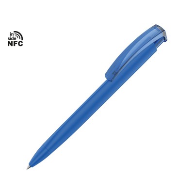 Купить Ручка пластиковая шариковая трехгранная Trinity K transparent Gum soft-touch с чипом передачи инфо, синий с нанесением логотипа