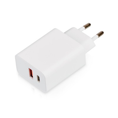 Купить Сетевое зарядное устройство c выходами USB-A и USB-C Recharger Pro, быстрая зарядка QC/PD, 30 Вт, белый с нанесением логотипа