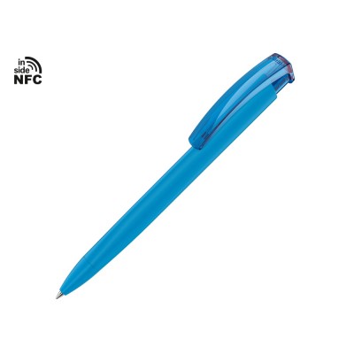 Купить Ручка пластиковая шариковая трехгранная Trinity K transparent Gum soft-touch с чипом передачи инфо, голубой с нанесением логотипа