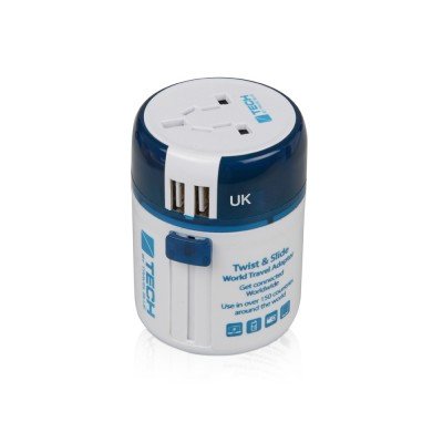 Купить Адаптер с 2-умя USB-портами для зарядки Travel Blue Twist & Slide Adaptor голубой/белый с нанесением