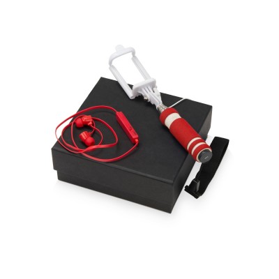 Купить Подарочный набор Selfie с Bluetooth наушниками и моноподом, красный с нанесением