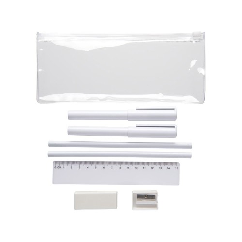 Купить Набор Mindy: ручки шариковые, карандаши, линейка, точилка, ластик, белый с нанесением логотипа